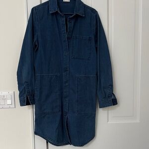 Dark Indigo Button-Front Long Sleeve Shirt Dress